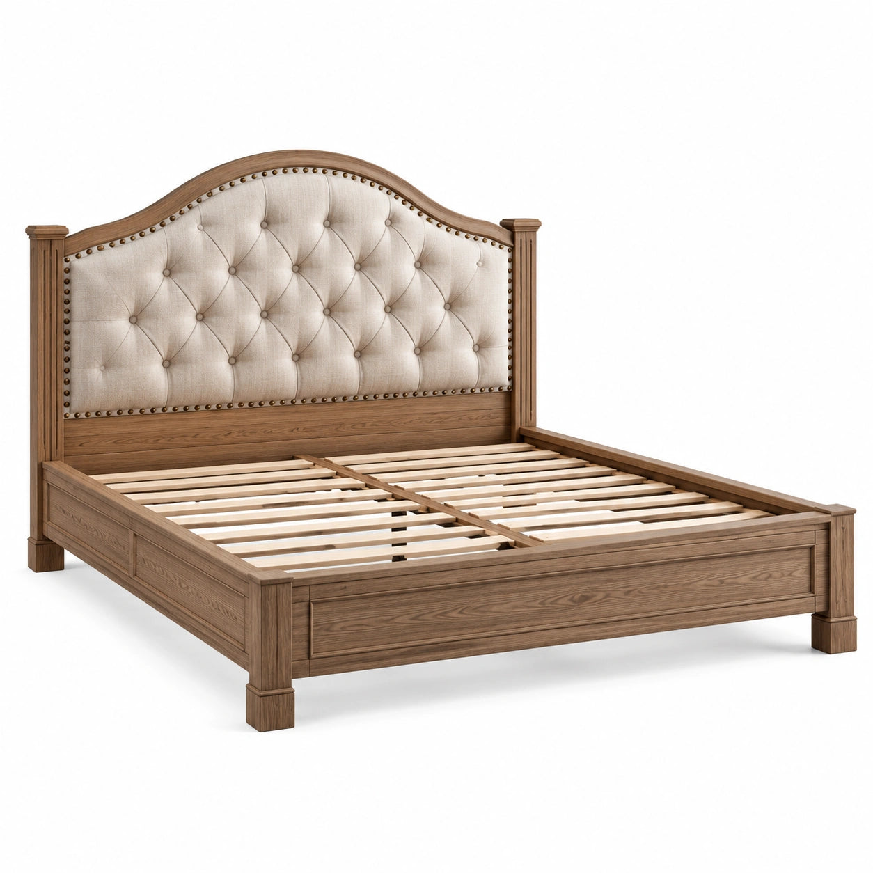 Doppelbett aus Holz, Braun/Beige, Liegefläche 180 × 200 cm, Gesamtmaß 215 × 198 × 145 cm, gepolstertes Kopfteil