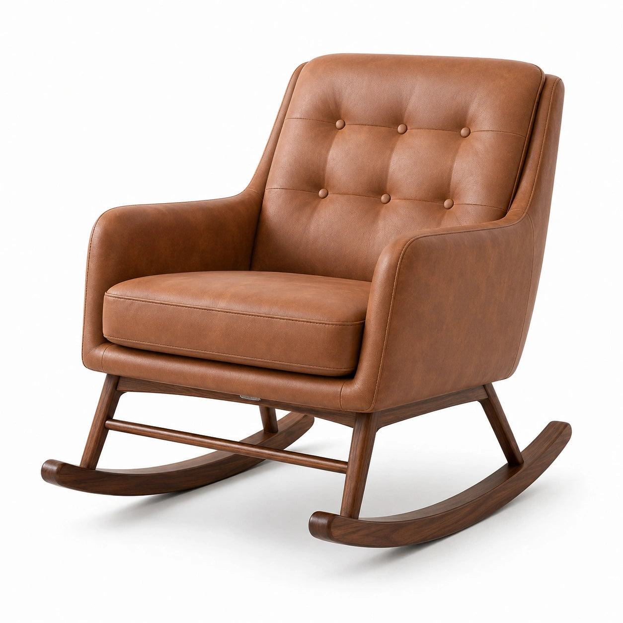 Gepolsterter Retro-Schaukelstuhl aus braunem Kunstleder mit dunkelbraunem Holzgestell, 95 × 78 × 92 cm