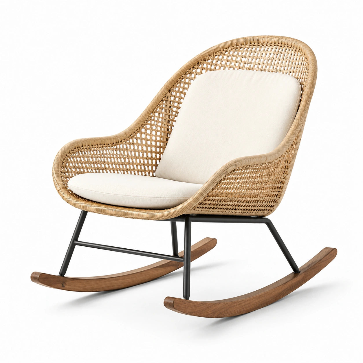 Moderner gepolsterter Schaukelstuhl, 95 × 72 × 92 cm, Naturfarben, Cremeweiß, Schwarz und Braun