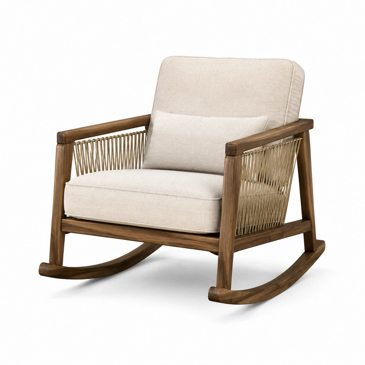 Schaukelstuhl aus Holz mit Polsterung und Seilgeflecht, Beige/Braun, 84 × 95 × 90 cm