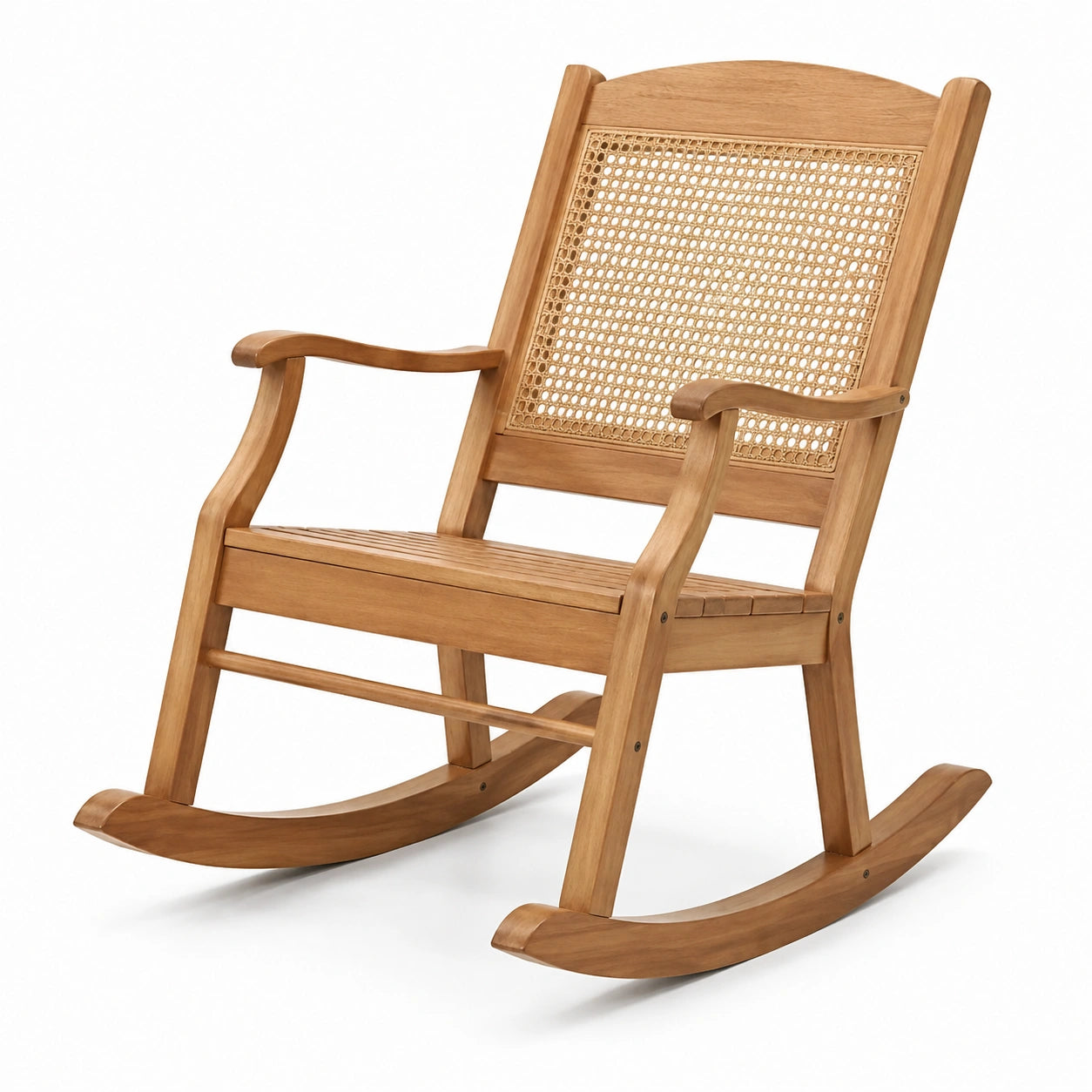 Schaukelstuhl aus Holz mit Rattangeflecht, Naturbraun/Beige, 99 × 66 × 107 cm, mit Armlehnen und geschwungenen Kufen