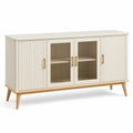 Sideboard mit Glastüren und geriffelten Fronten, Cremeweiß/Naturholz/Goldfarben, 160 × 40 × 80 cm