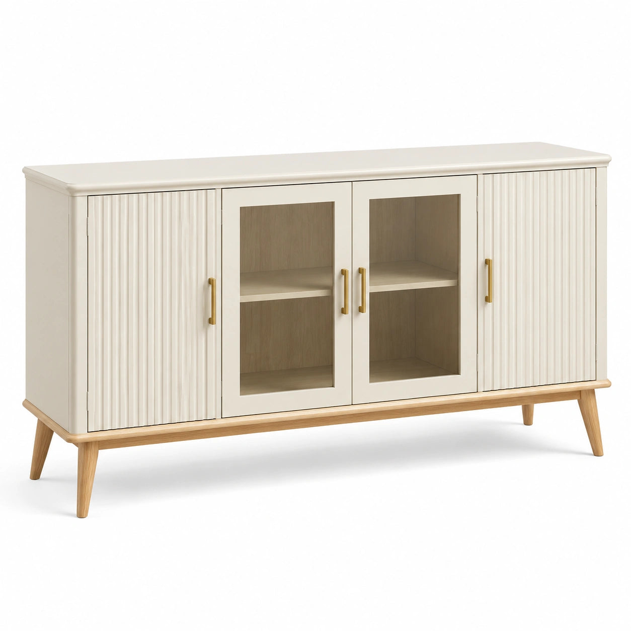 Sideboard mit Glastüren und geriffelten Fronten, Cremeweiß/Naturholz/Goldfarben, 160 × 40 × 80 cm