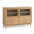 Highboard in Naturholzoptik mit geriffeltem Glas, 140 × 40 × 100 cm, 4 Schubladen und 2 Türen, skandinavischer Stil