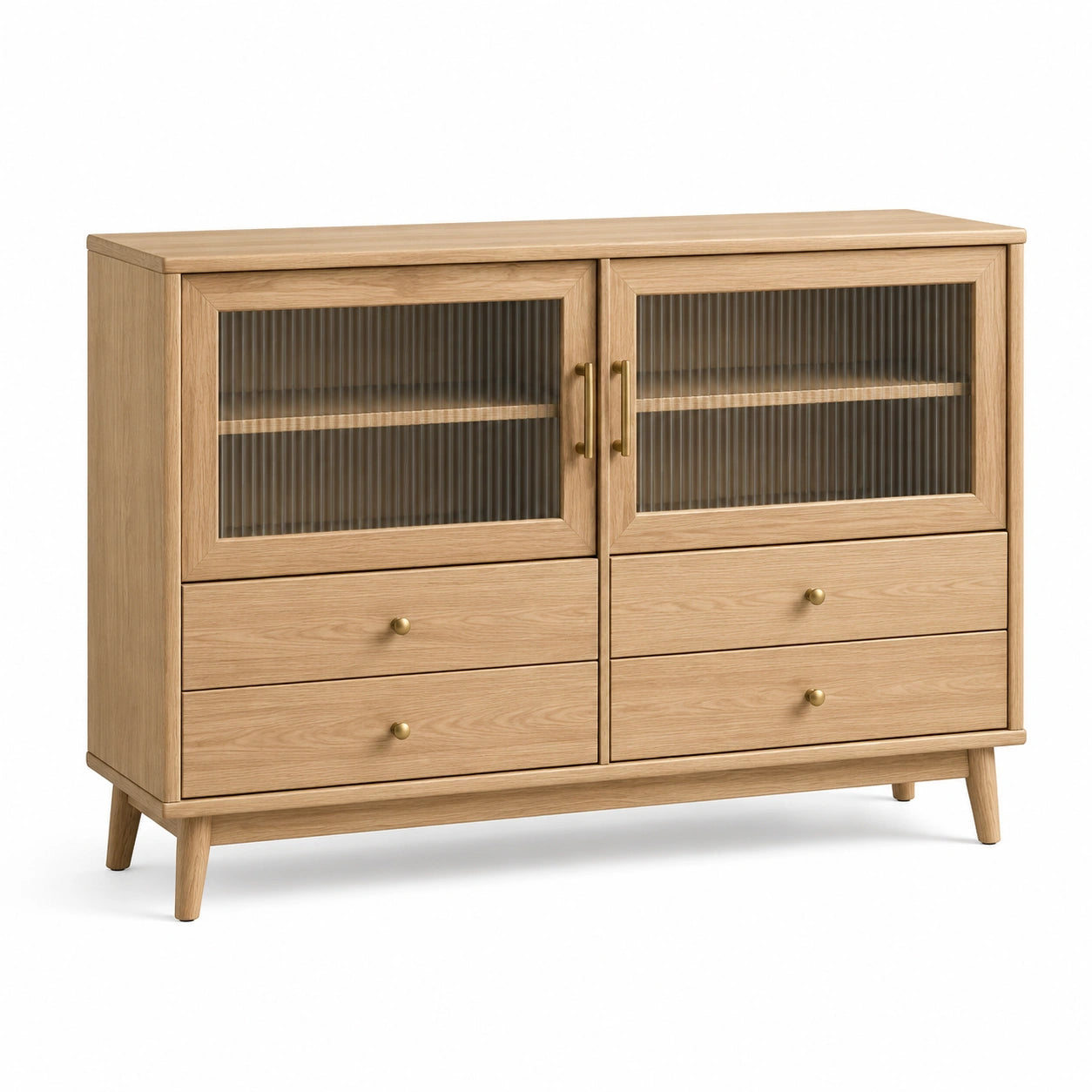 Highboard in Naturholzoptik mit geriffeltem Glas, 140 × 40 × 100 cm, 4 Schubladen und 2 Türen, skandinavischer Stil