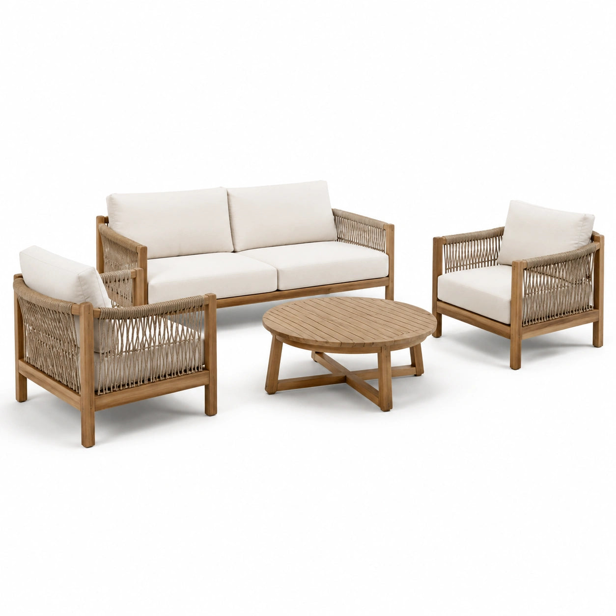 4-teiliges Gartenmöbel-Set in Natur, Creme und Beige – 2-Sitzer-Sofa 170 × 78 × 78 cm, 2 Sessel 75 × 78 × 76 cm und Tisch Ø 90 × 40 cm