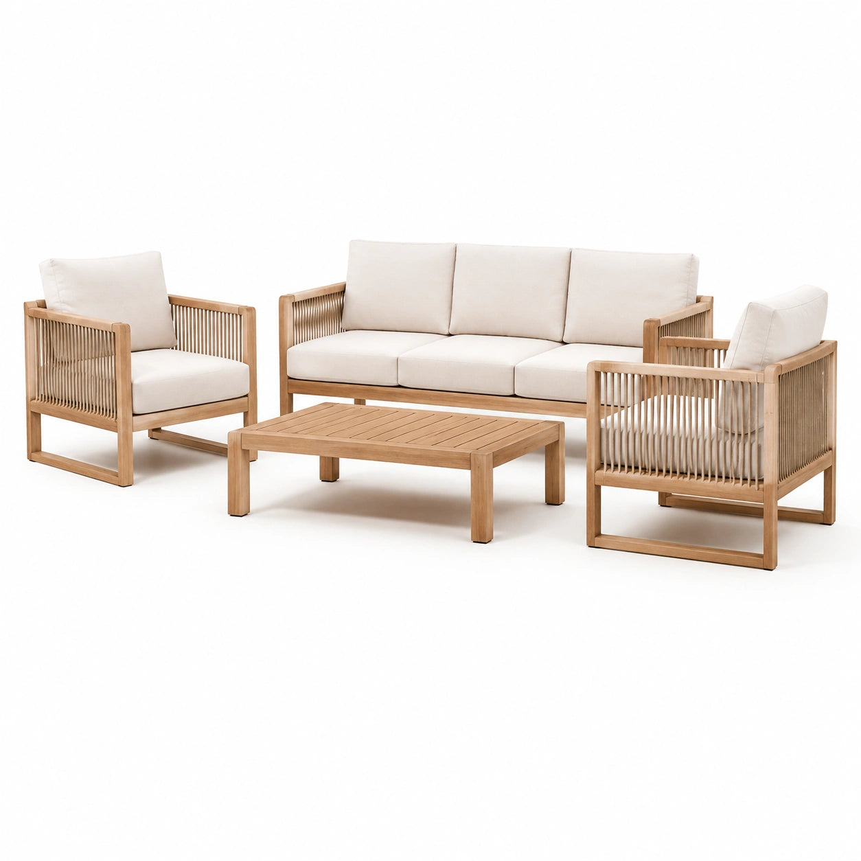 4-teiliges Gartenset mit 3-Sitzer 190 × 78 × 78 cm, 2 Sesseln 75 × 78 × 78 cm und Tisch 110 × 60 × 38 cm, Natur/Beige