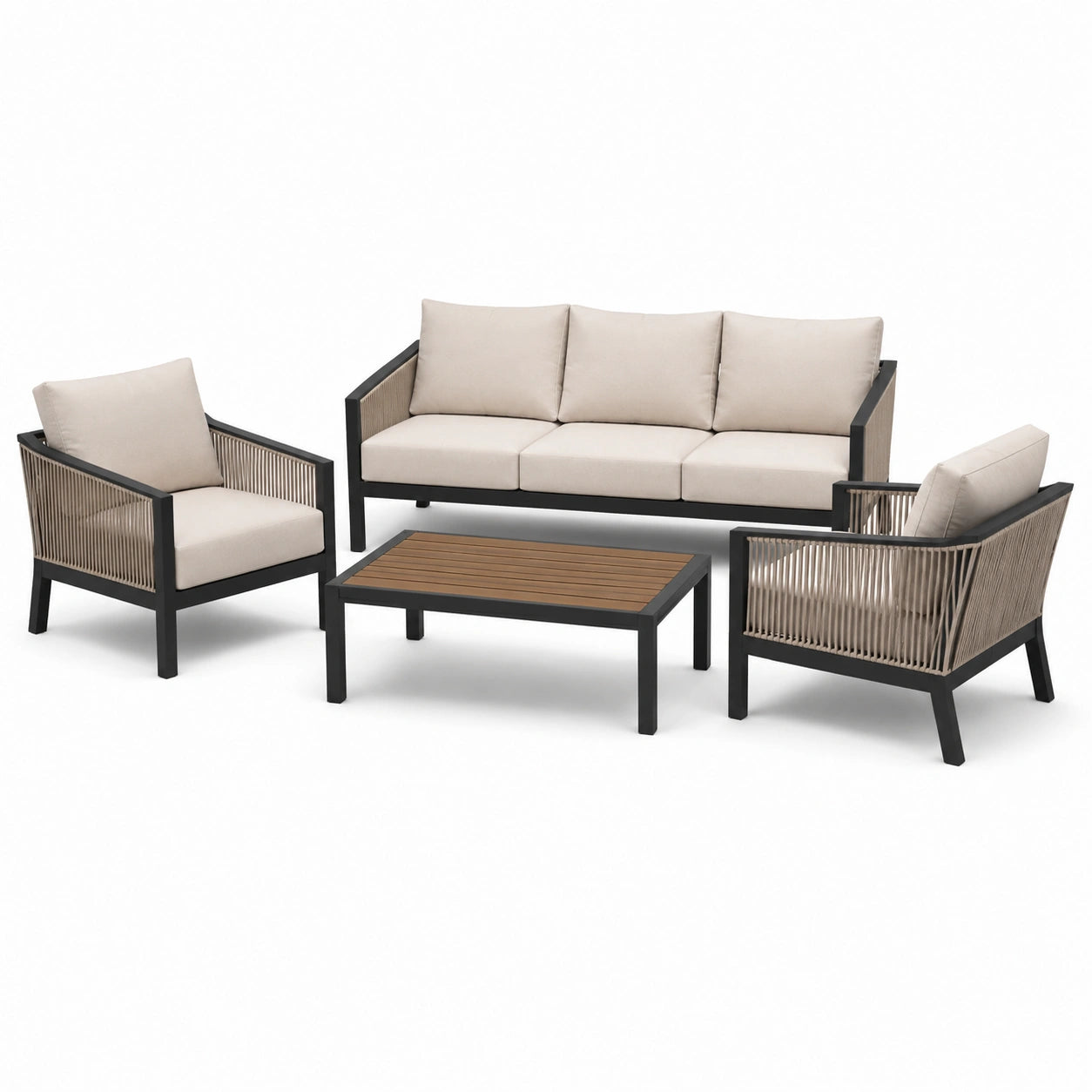 4-teiliges Gartenmöbel-Set mit 3-Sitzer-Sofa 192 × 75 × 78 cm, 2 Sesseln je 74 × 75 × 78 cm und Couchtisch 110 × 60 × 40 cm, Beige/Schwarz/Braun