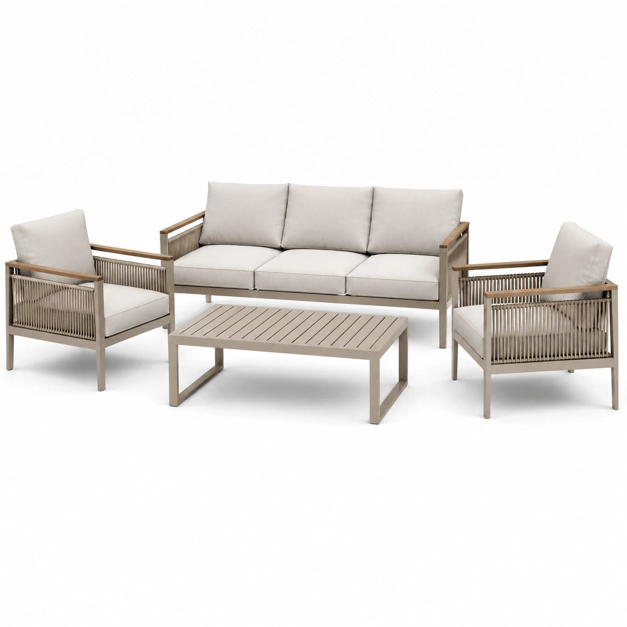 4-teiliges Garten-Loungeset mit Dreisitzer 190 × 78 × 82 cm, 2 Sesseln 75 × 78 × 82 cm und Tisch 110 × 60 × 42 cm, Beige, Taupe und Braun