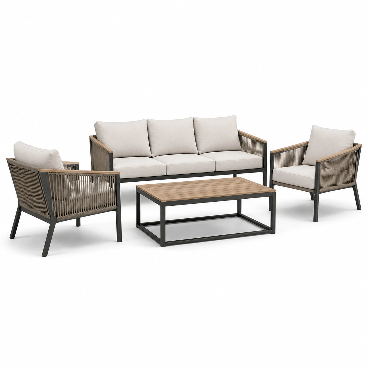 4-teilige Garten-Sitzgruppe Beige, Braun und Schwarz mit 3-Sitzer-Sofa 205 × 80 × 77 cm, 2 Sesseln 75 × 80 × 77 cm und Tisch 110 × 60 × 40 cm