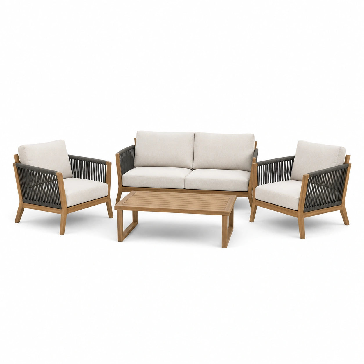 4-teiliges Gartenmöbel-Set mit Zweisitzer 142 x 76 x 78 cm, 2 Sesseln 73 x 76 x 78 cm und Tisch 100 x 55 x 40 cm, Beige/Braun/Anthrazit