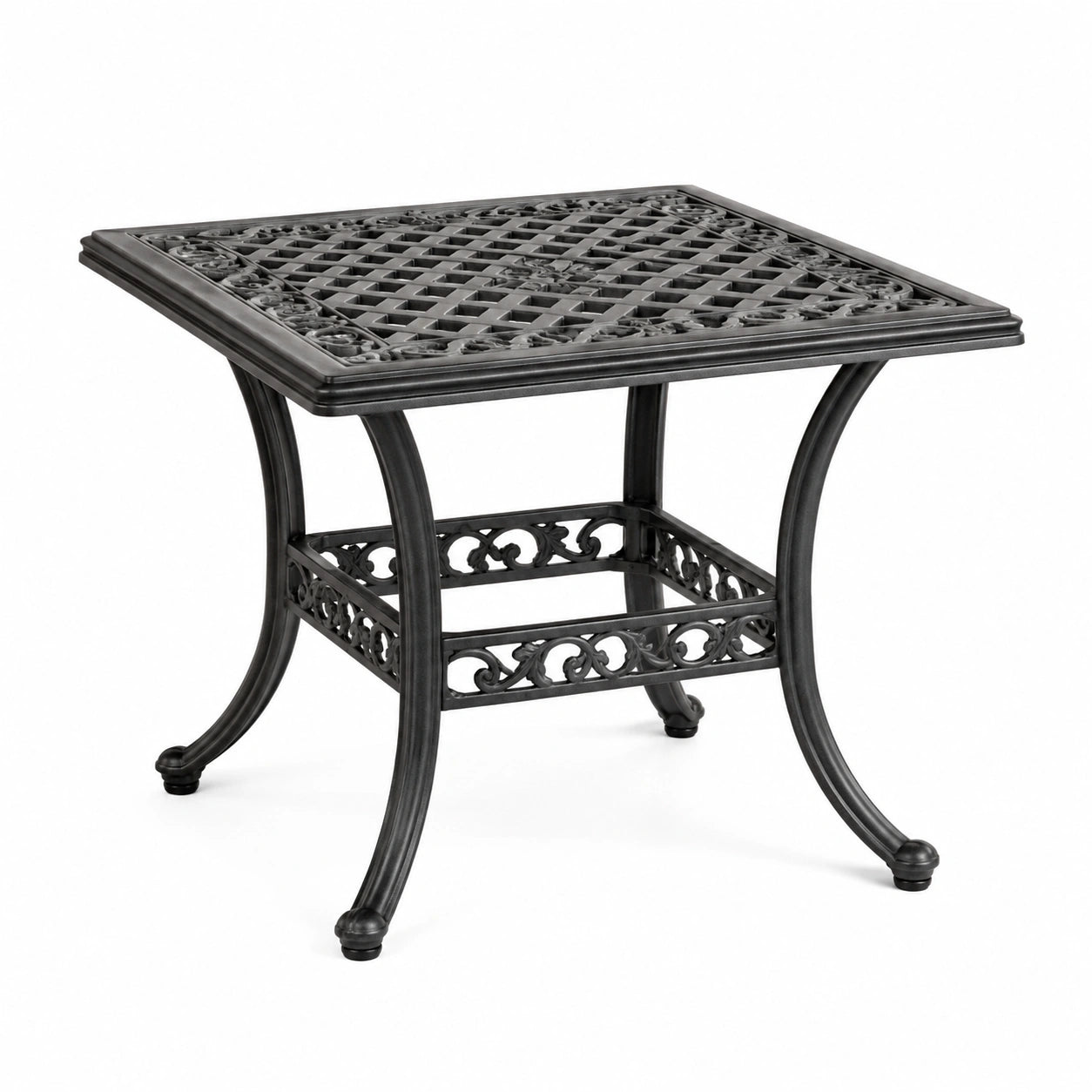Quadratischer Garten-Beistelltisch aus Aluminiumguss, Schwarz, 61 × 61 × 61 cm, mit klassischem Ornamentdesign