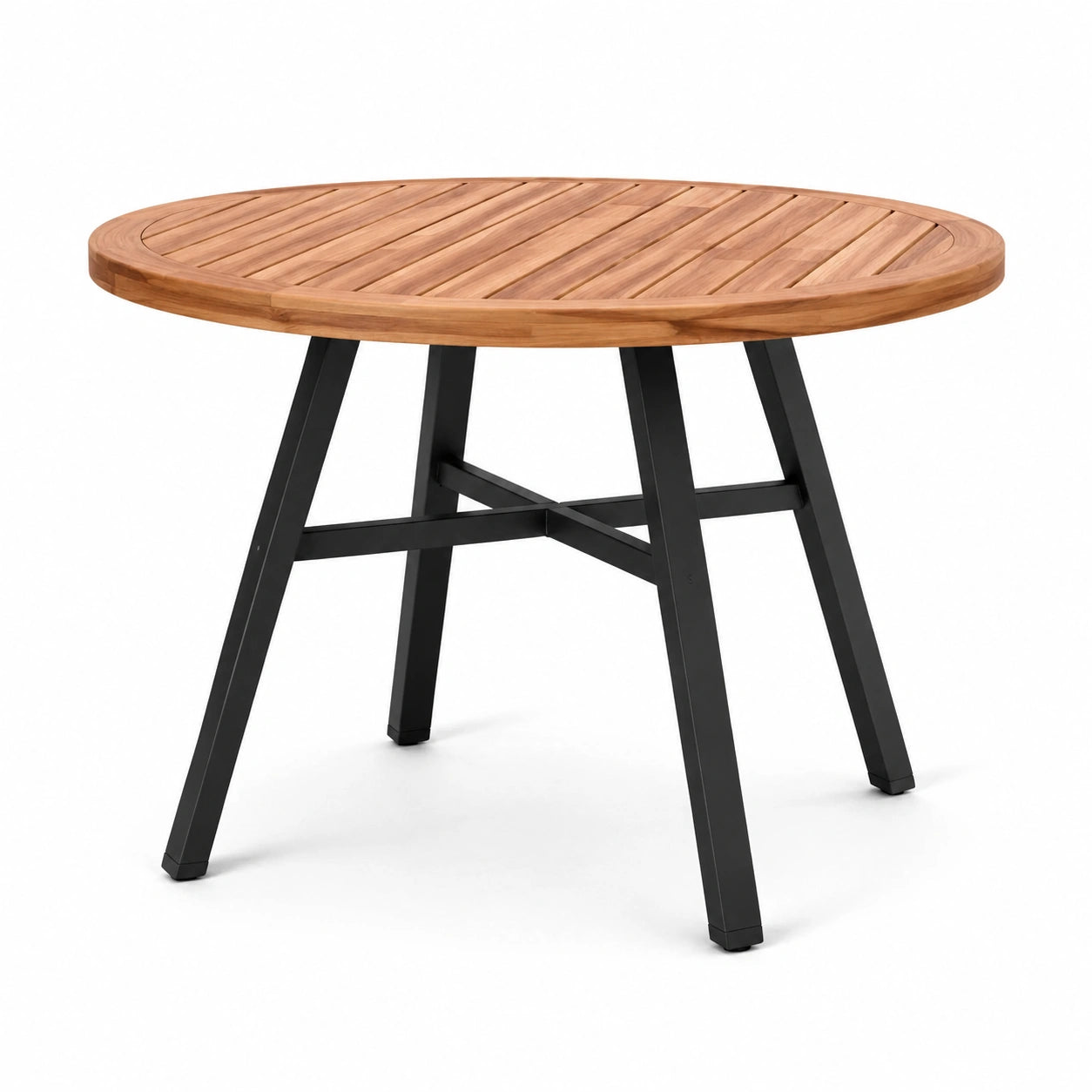 Runder Gartentisch aus Holz und Metall, Ø 120 × H 75 cm, Braun und Schwarz, mit Lamellenplatte