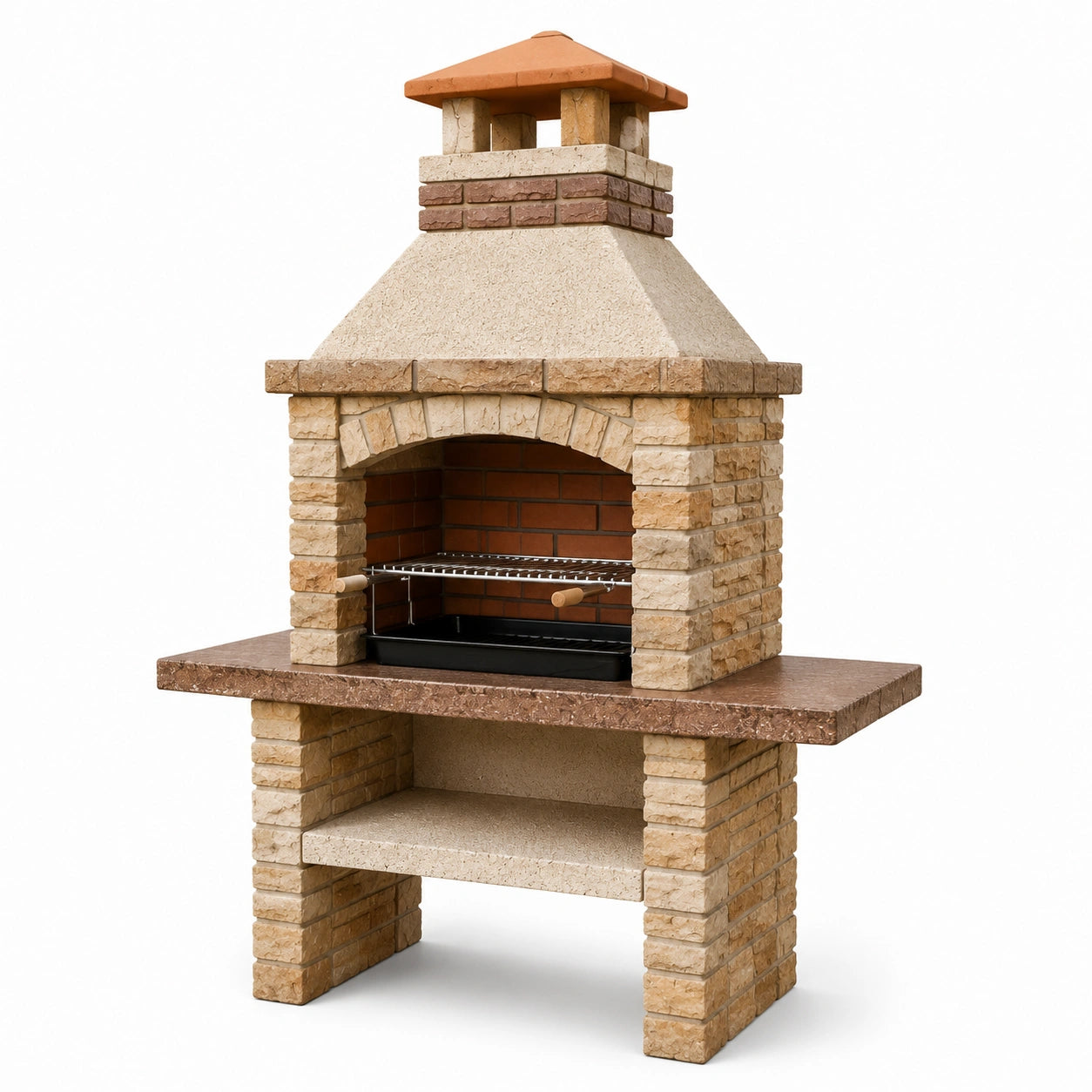 Rustikaler Gartengrill mit Kaminabzug und Ablagefläche, Beige-Braun-Rotbraun-Schwarz, 110 × 65 × 220 cm