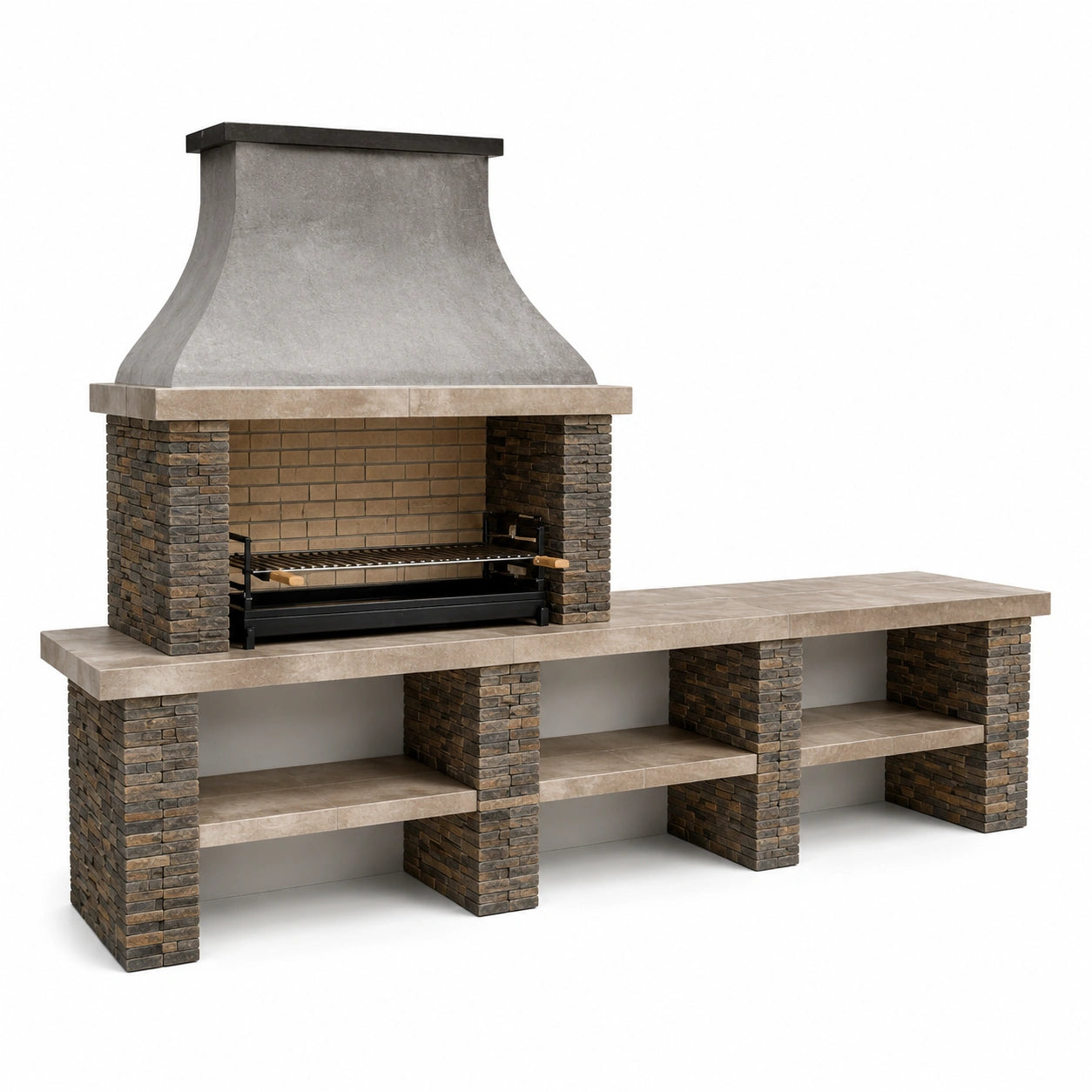Rustikale Garten-Grillstation aus Betonwerkstein und Metall mit Arbeitsfläche und Ablagen, Grau/Braun/Schwarz, 300 × 70 × 220 cm