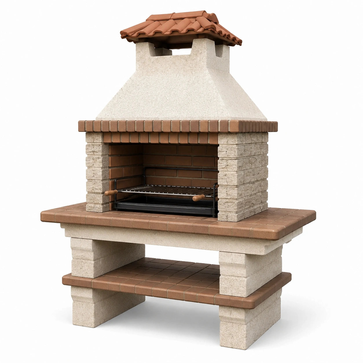 Gartengrill mit Kamin, Stahlrost und Ablageflächen, 110 × 65 × 210 cm, Beige/Braun/Schwarz