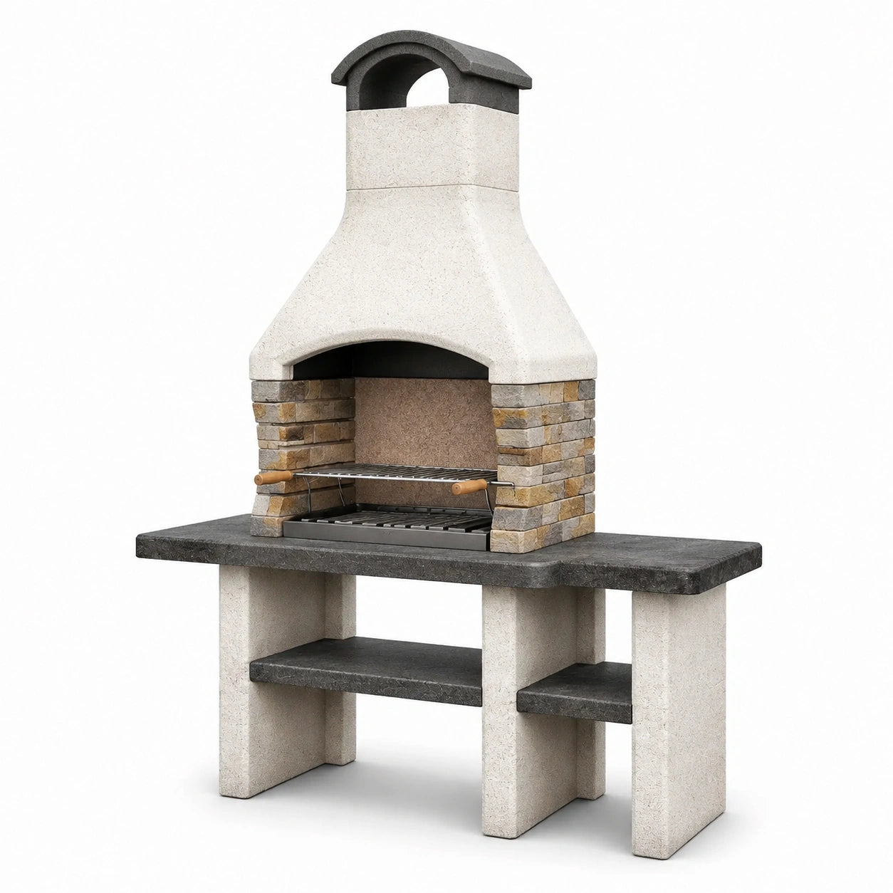 Grillkamin aus Betonwerkstein mit höhenverstellbarem Grillrost und Ablageflächen, 160 × 60 × 245 cm, Cremeweiß, Anthrazit, Grau und Braun