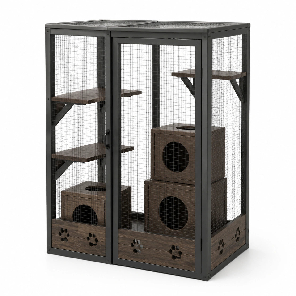 Mehrstöckiges Katzengehege aus Metall und Holzwerkstoff, 90 × 60 × 130 cm, Braun/Schwarz, mit Gittertür