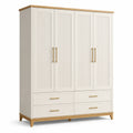 Kleiderschrank mit 4 Türen und 4 Schubladen, 180 × 55 × 210 cm, Weiß, Naturholzfarben und Goldfarben