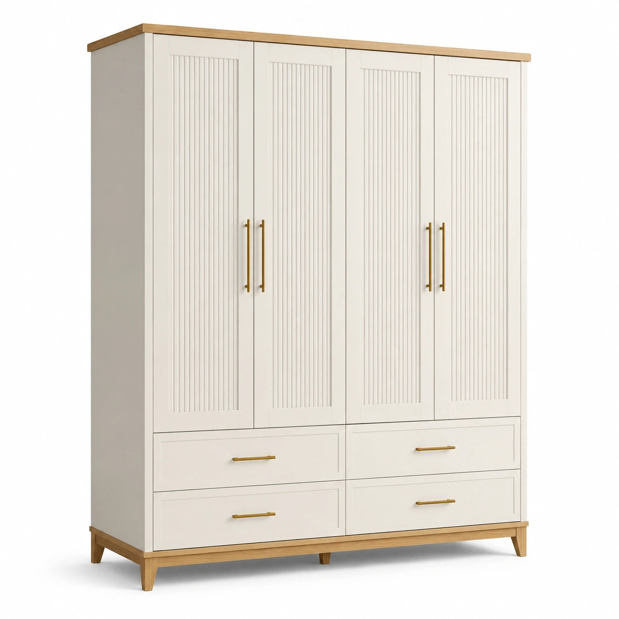 Kleiderschrank mit 4 Türen und 4 Schubladen, 180 × 55 × 210 cm, Weiß, Naturholzfarben und Goldfarben