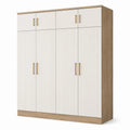 Kleiderschrank mit 8 Türen und geriffelten Fronten, 200 × 55 × 220 cm, Weiß, Eichefarben und Goldfarben
