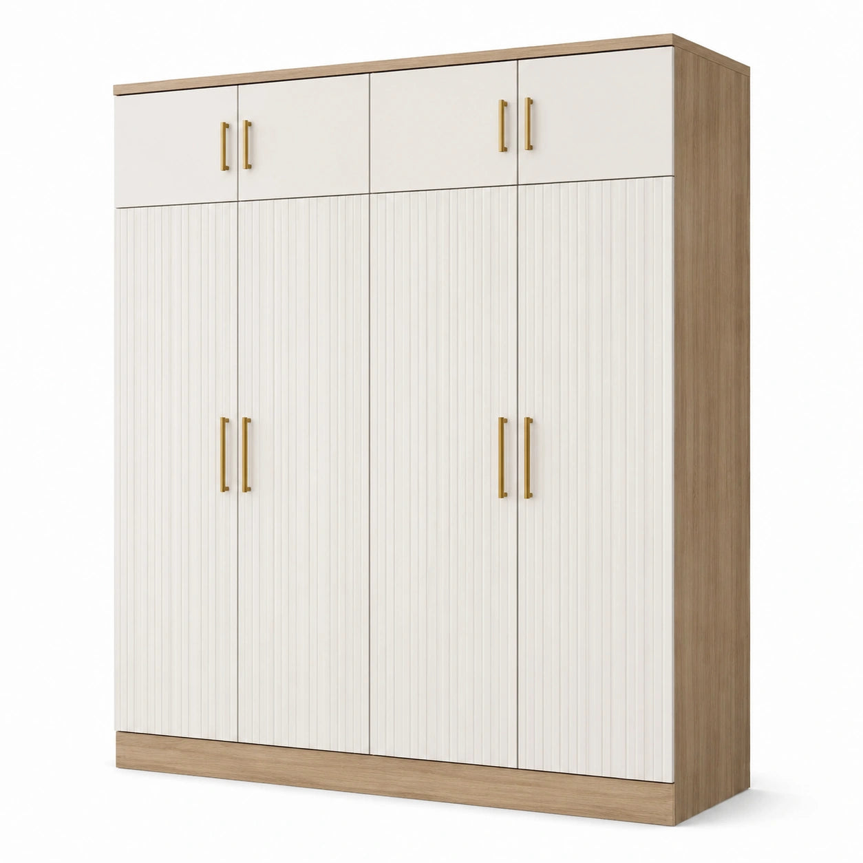 Kleiderschrank mit 8 Türen und geriffelten Fronten, 200 × 55 × 220 cm, Weiß, Eichefarben und Goldfarben