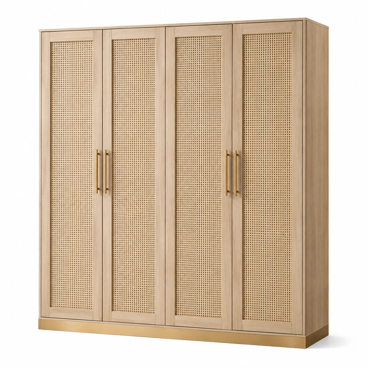 Viertüriger Kleiderschrank mit Rattangeflecht in Natur und Gold, 180 × 55 × 200 cm