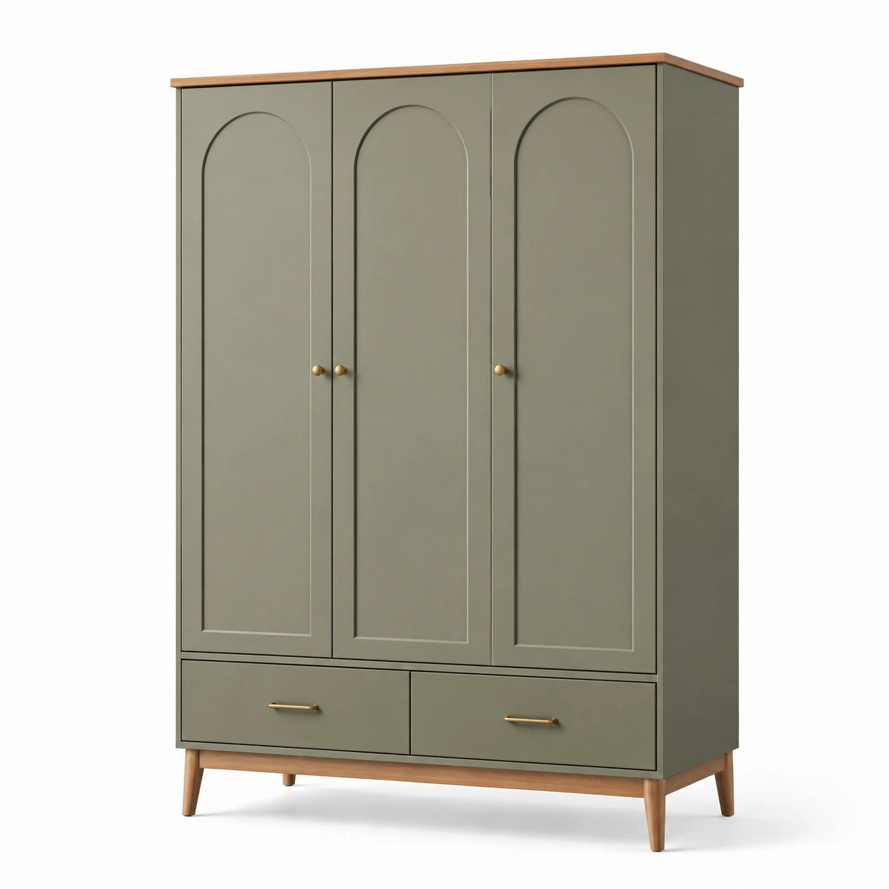 Kleiderschrank mit 3 Türen und 2 Schubladen, 120 × 55 × 190 cm, Olivgrün, Braun und Goldfarben