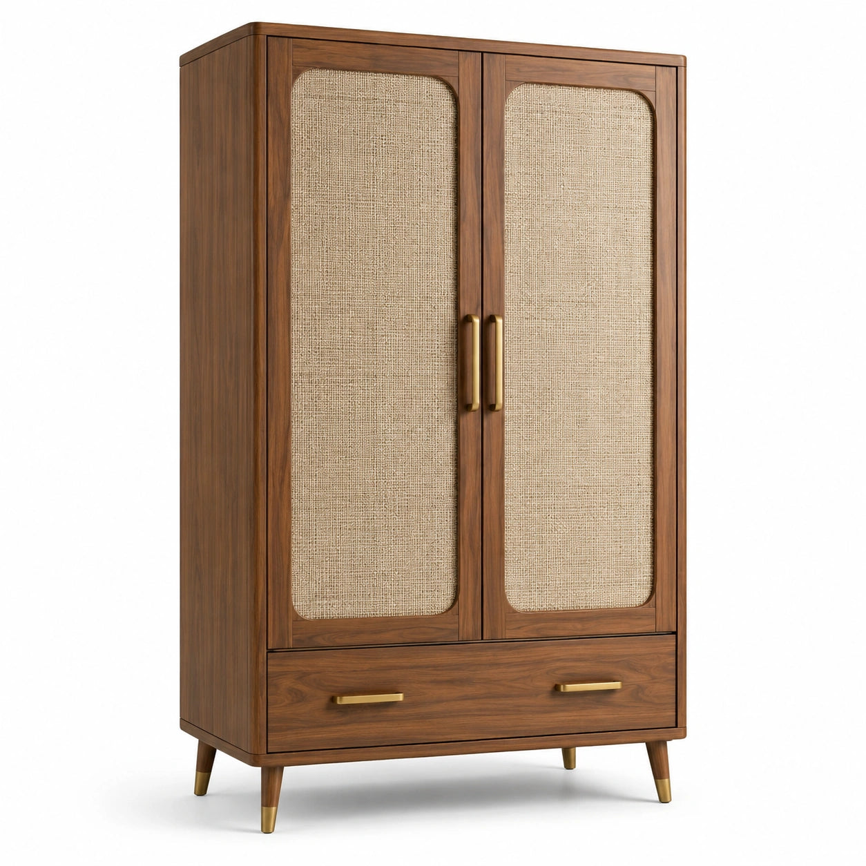 Aufbewahrungsschrank 100 × 50 × 180 cm in Braun und Beige mit Geflechttüren und Schublade, Mid-Century-Stil