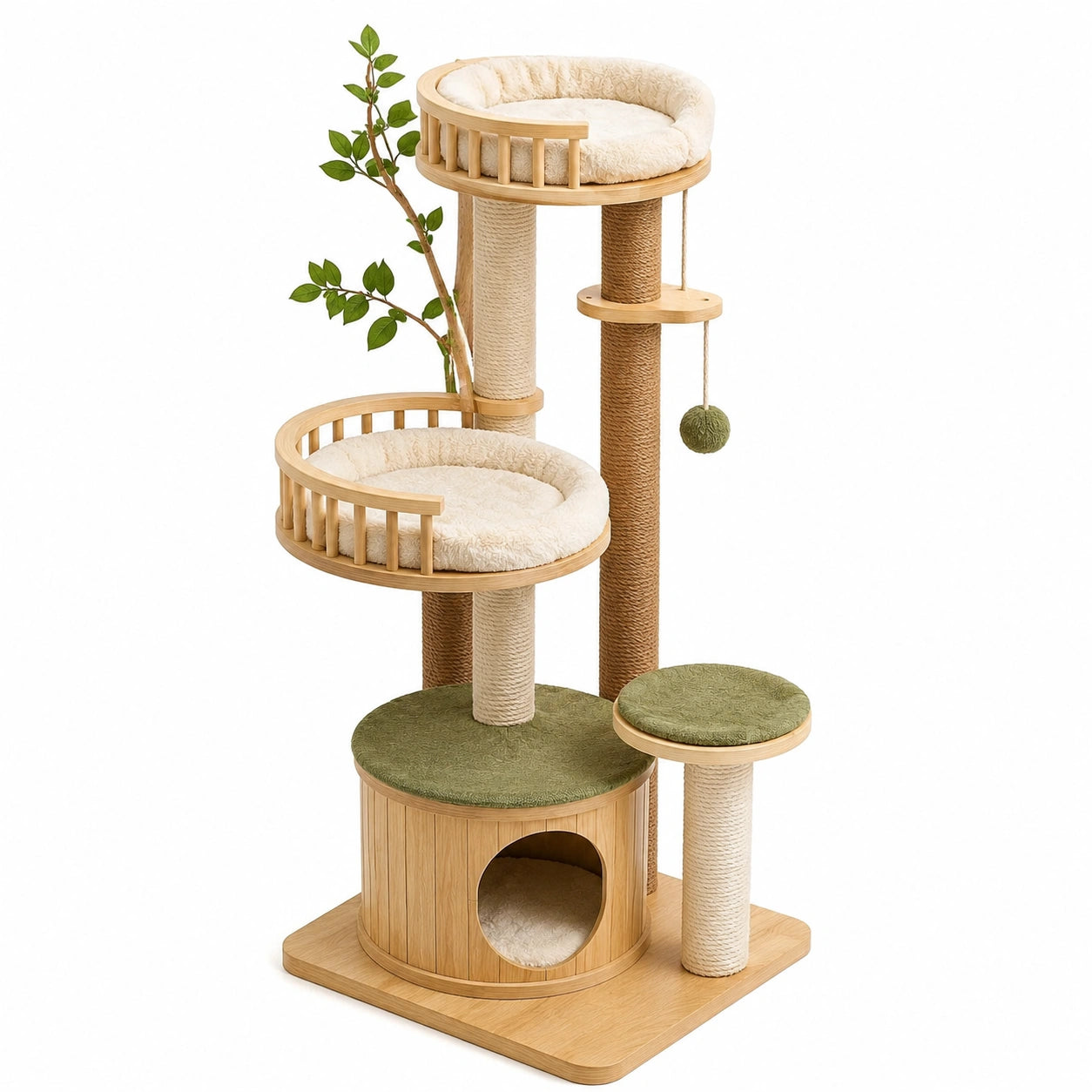 Mehrstöckiger Kratzbaum aus Holz und Sisal mit Katzenhöhle und Liegeflächen, 75 × 60 × 170 cm, Natur, Beige, Grün und Braun