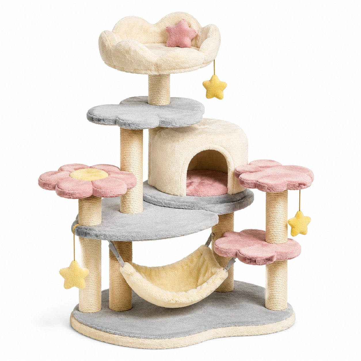 Kratzbaum 100 × 60 × 150 cm in Creme, Grau, Rosa und Gelb mit Höhle, Hängematte und Liegeflächen