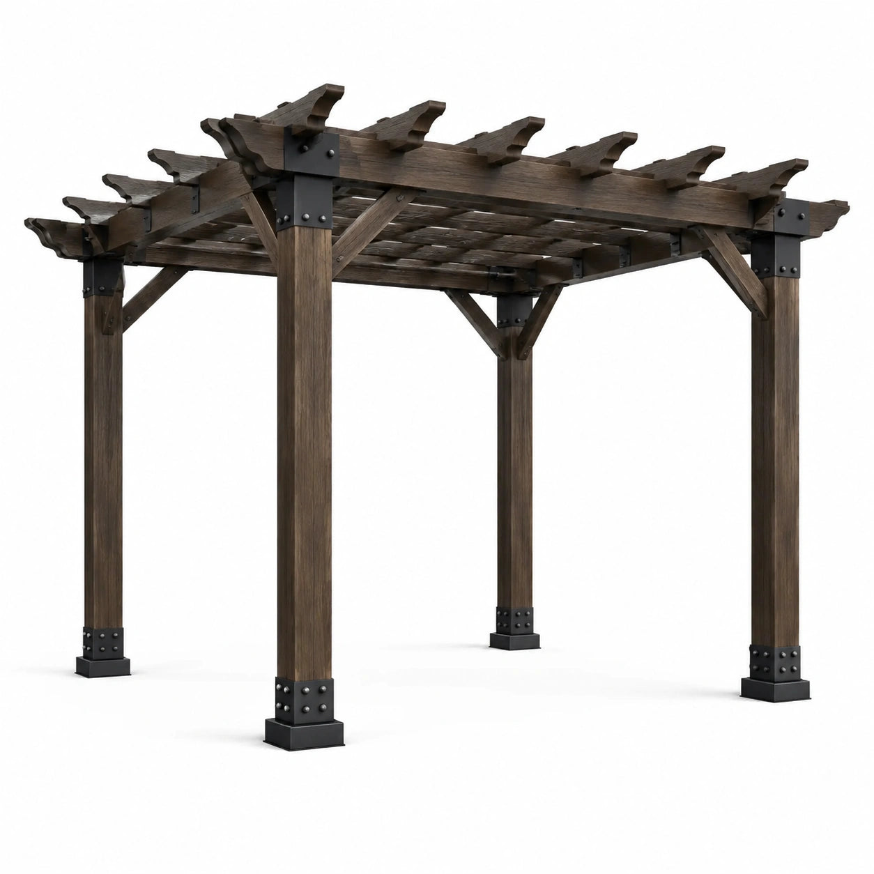 Freistehende Gartenpergola aus Holz mit offenem Rankdach, 610 × 365 × 245 cm, Dunkelbraun und Schwarz